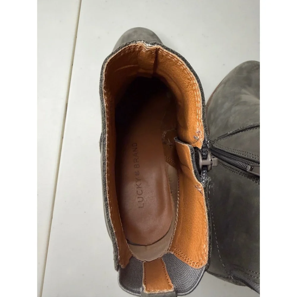 Lucky Brand Zanta Wedge Ankle Booties 9 Storm Gray Nubuck Leather Zip